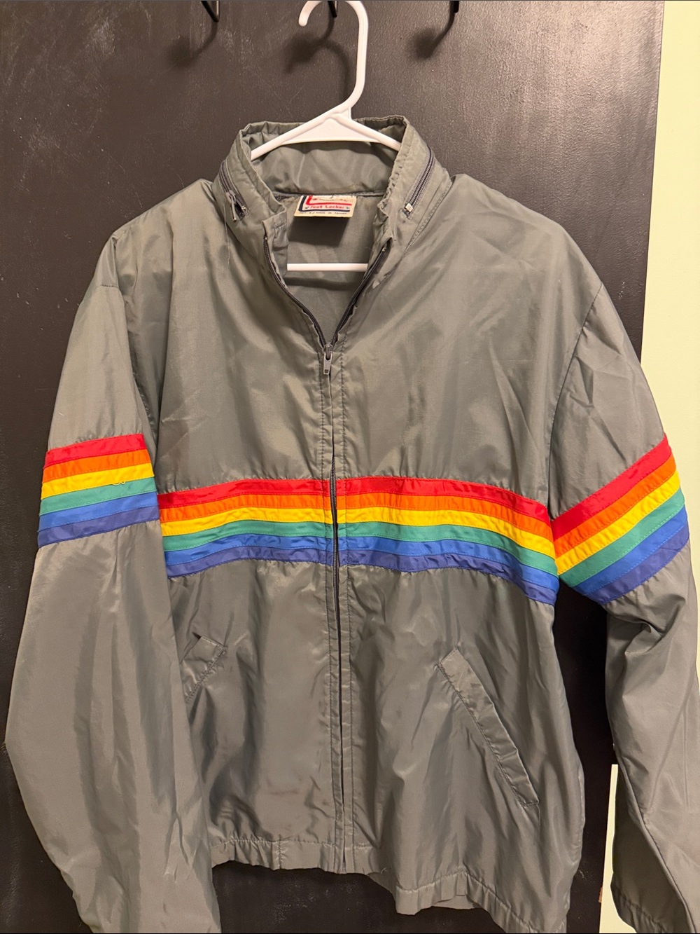 Vintage 1980s Foot Locker Rainbow Stripe Gray Windbreaker L